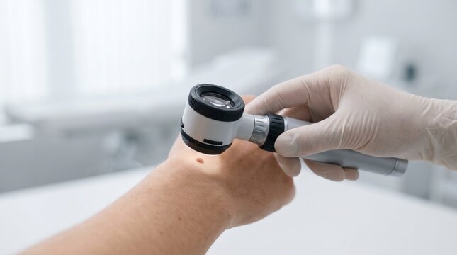 Dermatologist examining a mole on patient&rsquo;s hand with dermatoscope, concept of skin cancer screening, melanoma detection and preventive dermatology care.