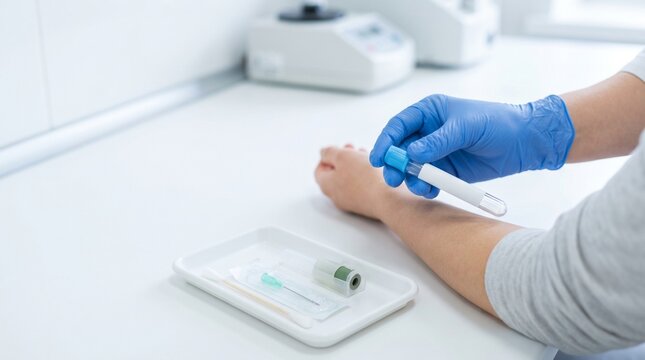 Clinician preparing blood collection tube before venipuncture on patient&rsquo;s arm, concept of blood testing, phlebotomy, clinical diagnostics and sample collection.