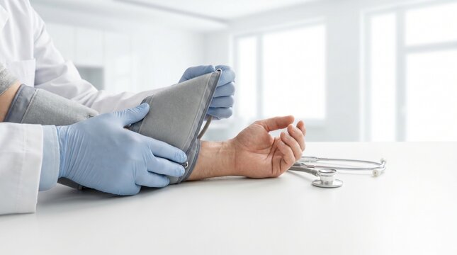 Doctor placing blood pressure cuff on patient&rsquo;s arm during clinical checkup, concept of hypertension screening, cardiovascular health monitoring and preventive care.
