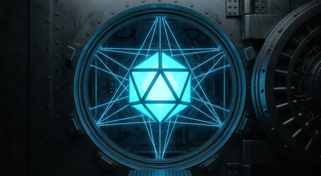 Photorealistic 3D render of a heavy titanium bank vault door opening to reveal a glowing cyan geometric decahedron surrounded by laser lines, representing quantum cryptography and secure data storage.