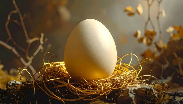 Golden egg nestled in autumn leaves and twigs.