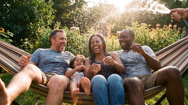 Diverse queer family laughing in hammock as man sprays water with garden hose