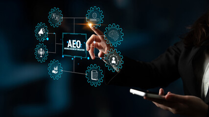 Obraz premium Technology and Innovation Concept with Hand Interacting with Gears and Icons Representing Data, Analytics, and Business Solutions in a Digital Environment. Glyphic.