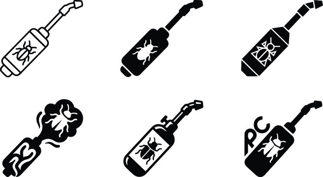 Handheld insecticide chemical spray pump nozzle icon set representing garden pest extermination localized disinfection crop protection and weed control symbols