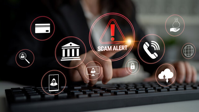 Business Professional Warning About Online Scams with Various Icons Representing Financial Threats and Security Alerts for Digital Safety Awareness. Glyphic.