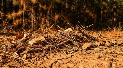 Fototapeta premium Pile of pine needles and dried leaves on parched forest floor during period of meteorology