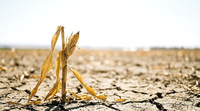 Single withered corn stalk in dry cracked agricultural field highlighting meteorology effects