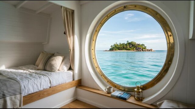 Cozy cabin bedroom with round porthole window overlooking tropical island. Interior view of bed and sea landscape from boat cabin. Summer travel vacation concept.