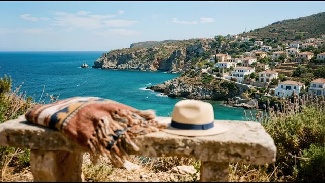 Straw hat and patterned blanket resting on stone bench overlooking Greek coastline. Scenic Mediterranean sea view with hillside village for summer travel vacation.