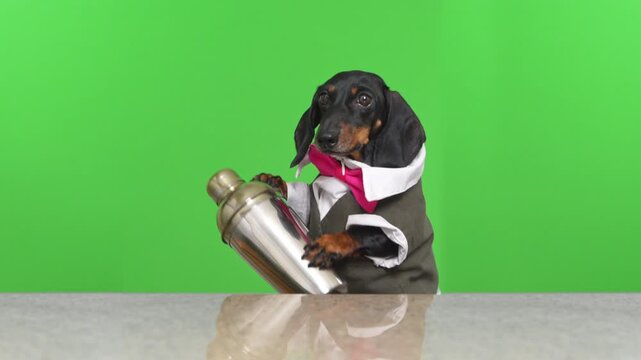 Dachshund dog in suit holding cocktail shaker on green screen