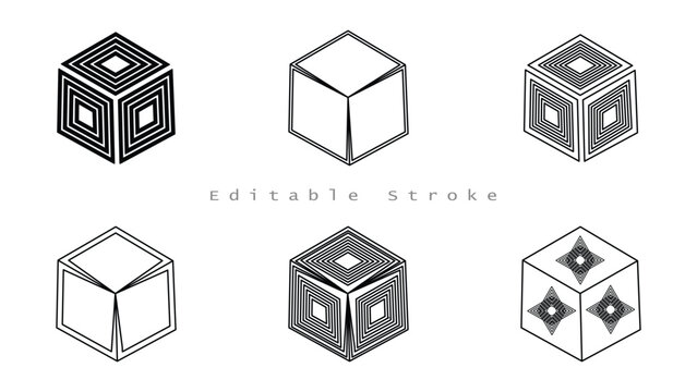 Set of Isometric Geometric Hollow Cubes with Various Abstract Line Art Patterns
