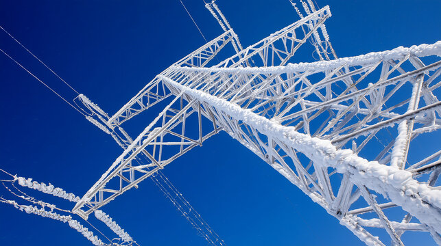 A striking, high-contrast industrial photograph capturing high-voltage electricity pylons and transmission lines heavily coated in white snow and rime ice on a crisp, sunny winter