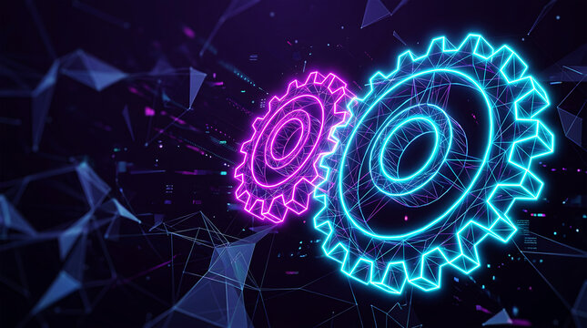 Two glowing neon wireframe gears meshing together in digital network cogs technology