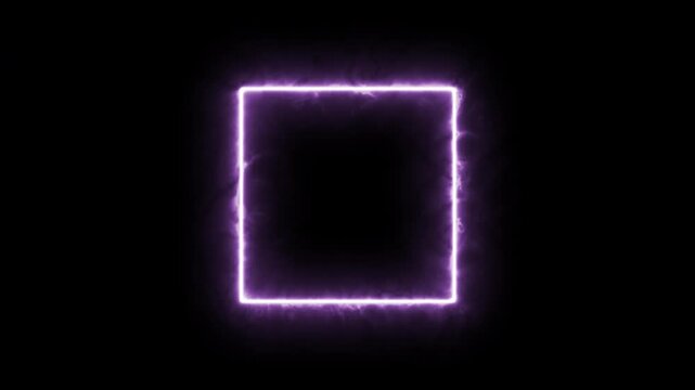 Mystical violet neon square frame animation with esoteric light aura, fantasy dark purple geometric rectangle border isolated on black 4K
