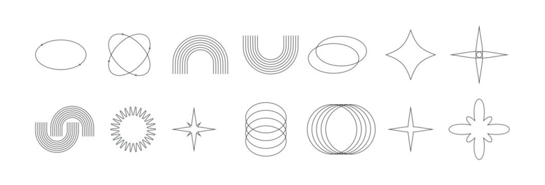 Abstract Minimal Geometric Line Elements Collection with Monoline Shapes, Modern Circular Frames, Stars, Arches and Decorative Outline Design Objects