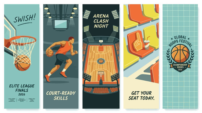 Basketball tournament banner designs with action, court, and fan engagement themes