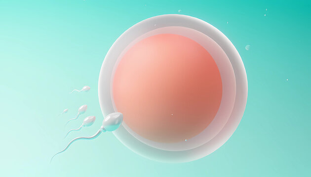 Simple 3D illustration of sperm cells approaching a human egg cell, representing fertilization, reproduction, fertility, pregnancy, and life creation.