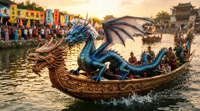A young wyrm with shimmering iridescent scales curls playfully around the prow of a traditional ornate dragon boat during a vibrant festival celebration. The creature features translucent wing
