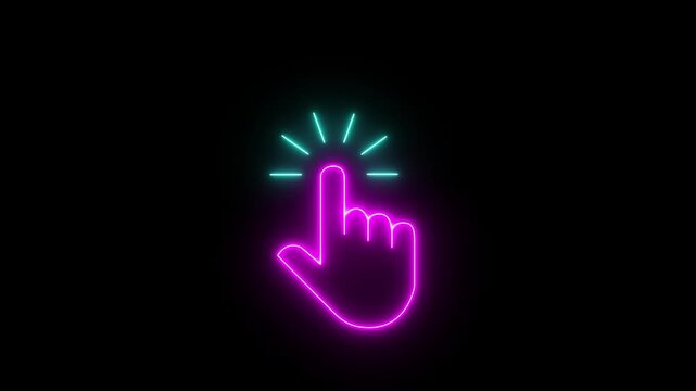 glowing neon hand mouse cursor icon on black background. hand cursor with click and accent. Mouse pointer hand click icon animation. Clicking finger icon with black background