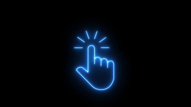 glowing neon hand mouse cursor icon on black background. hand cursor with click and accent. Mouse pointer hand click icon animation. Clicking finger icon with black background