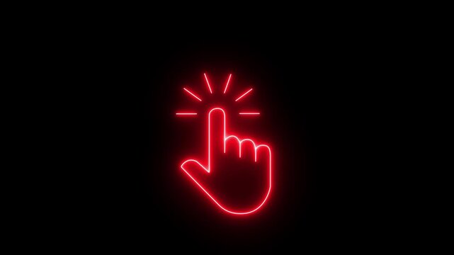 glowing neon hand mouse cursor icon on black background. hand cursor with click and accent. Mouse pointer hand click icon animation. Clicking finger icon with black background