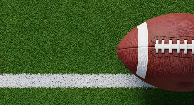 American football on green turf field with white stripe