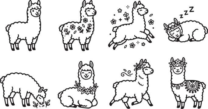 Cartoon alpacas in playful and relaxing poses