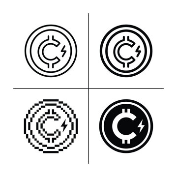 Four different cryptocurrency icons with lightning bolts on white background