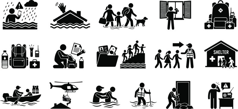 Natural disaster flood evacuation and emergency survival safety stick figure icon set.