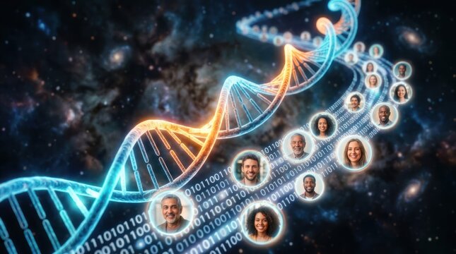 Digital DNA Helix with Diverse People and Binary Code in Cosmic Background.