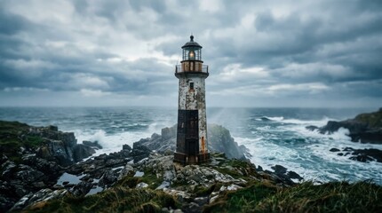 Fototapeta premium Dramatic Lighthouse on Rocky Coastline Amidst Stormy Seas.