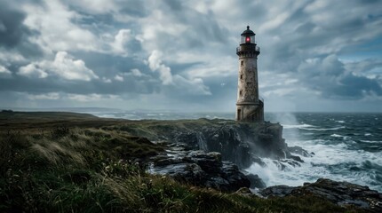 Fototapeta premium Dramatic Lighthouse on Rocky Coastline Under Stormy Skies.