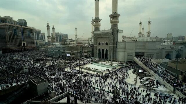 Makkah Sacred Islamic Pilgrimage Destination with Muslims Performing Tawaf Around Kaaba During Hajj and Umrah in Saudi Arabia Today