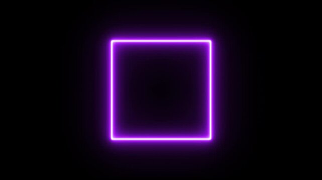 Futuristic violet neon rectangle frame animation with pulsing strobe light effect, abstract dark purple shimmering border isolated on black 4K