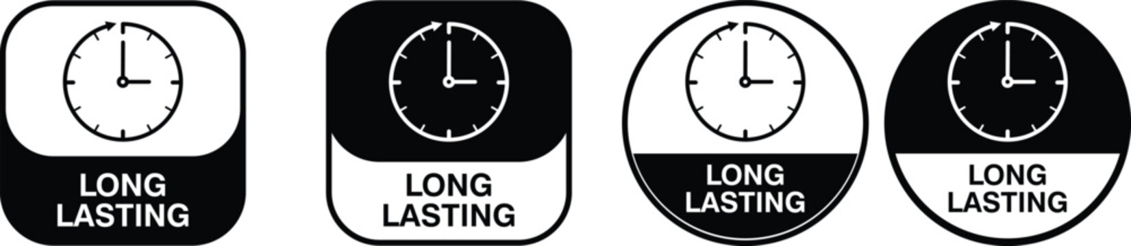 Premium long lasting guarantee badge collection. Round black labels with clock icons for lifetime durability and quality assurance. Vector illustration