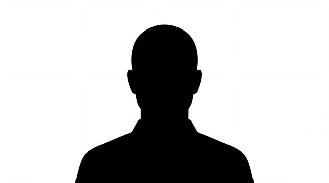 Black silhouette of a bald man facing forward against a white background representing anonymity or mystery