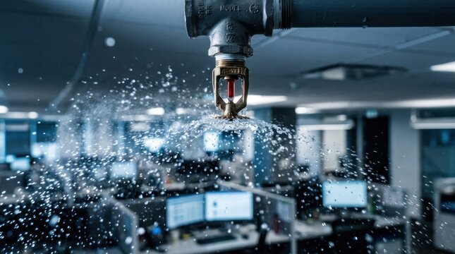 Fire sprinkler system activated spraying water in office environment.