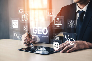 Obraz premium Digital marketing concept featuring GEO strategy, optimizing content for AI search engines and large language models. Evolution of SEO, brand authority, and AI citation visibility. Corpus
