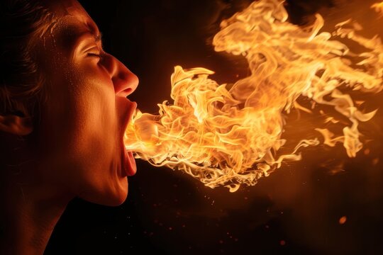Mouth fire flame bonfire adult smoke.