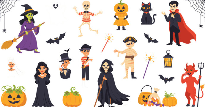 Halloween Character Sticker Set with Witch, Skeleton, Vampire, Mummy, Ghost, Devil and Pumpkin Costume Cartoon Vector Collection