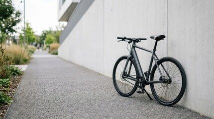 Fototapeta premium Modern Matte Grey Commuter Bicycle Parked Against Concrete Wall