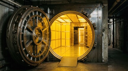 Obraz premium Massive Open Vault Door Revealing a Gleaming Gold Interior.