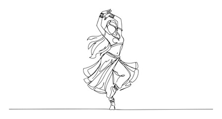Obraz premium indian woman traditional dance pose vector engraving monoline