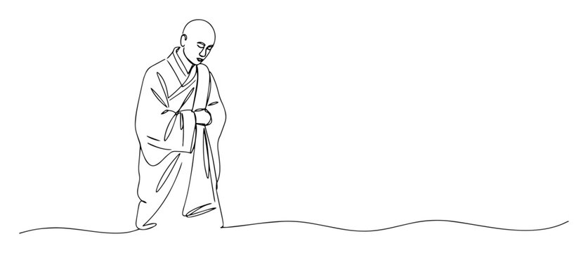 buddhist monk walking line art illustration