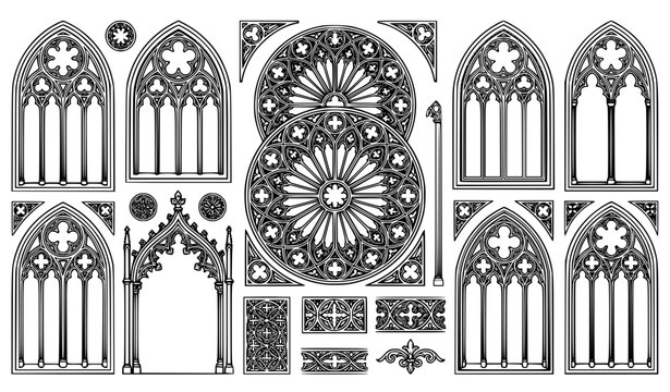 Gothic cathedral window tracery vector artwork with rose patterns and geometric lattice panels isolated on white background