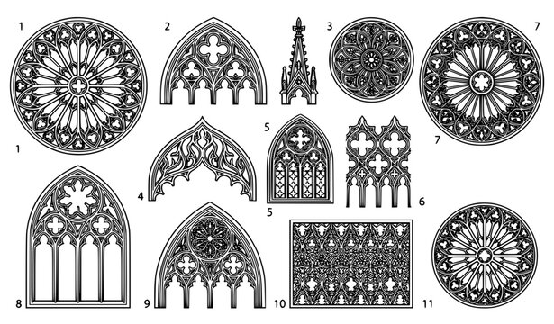 Gothic stained glass window vector collection with cathedral tracery rose windows and pointed arches isolated on white background