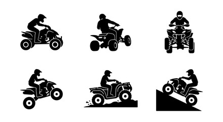 ATV riders vector icon set, black silhouette quad bike adventure, off-road vehicle sport graphics, all-terrain vehicle collection for extreme recreation design. © MdJahid