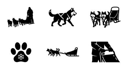 Sled Dog Racing Vector Icons. Husky Dog Sledding, Mushing, and Paw Print Graphics. Winter Sport and Arctic Adventure Elements. © MdJahid