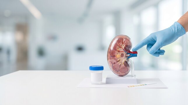 Clinician pointing to kidney anatomy model beside urine sample cup and urine dipstick, concept of nephrology screening, renal function testing and urinary diagnostics.