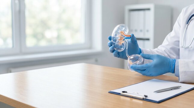 Doctor holding transparent urinary system model during nephrology consultation, concept of kidney health, bladder function, urinary tract disorders and urology care.